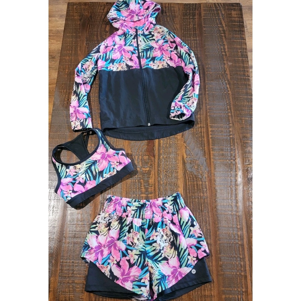 Avia Girlsβ Size 7/8 Shorts Set With Zip Jacket Reversible Bra Rare Tiger Jungle